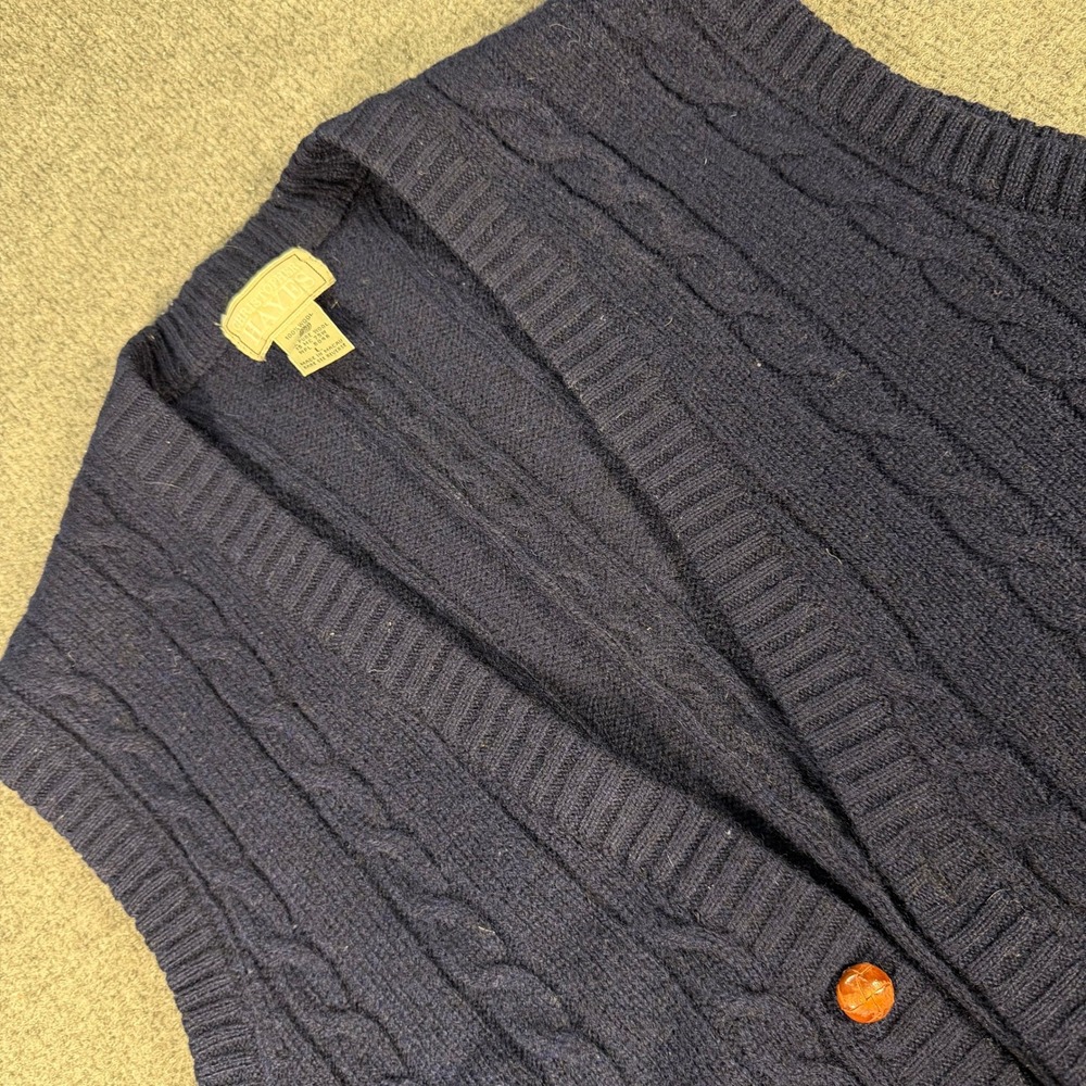 Christopher Hayes Mens Navy Blue 100% Wool Cable Knit Cardigan Vest Large #4559